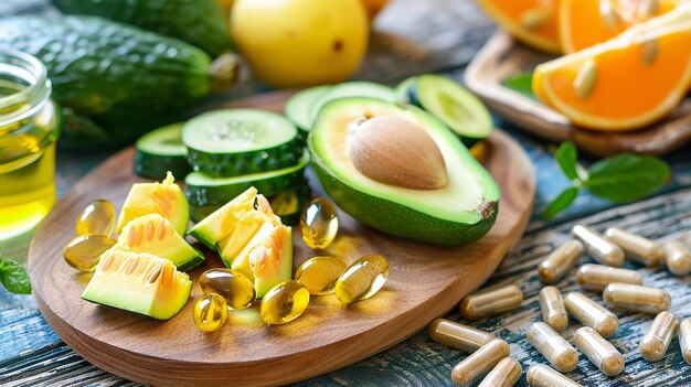 Foto un vassoio di legno con avocado e avocado su di esso