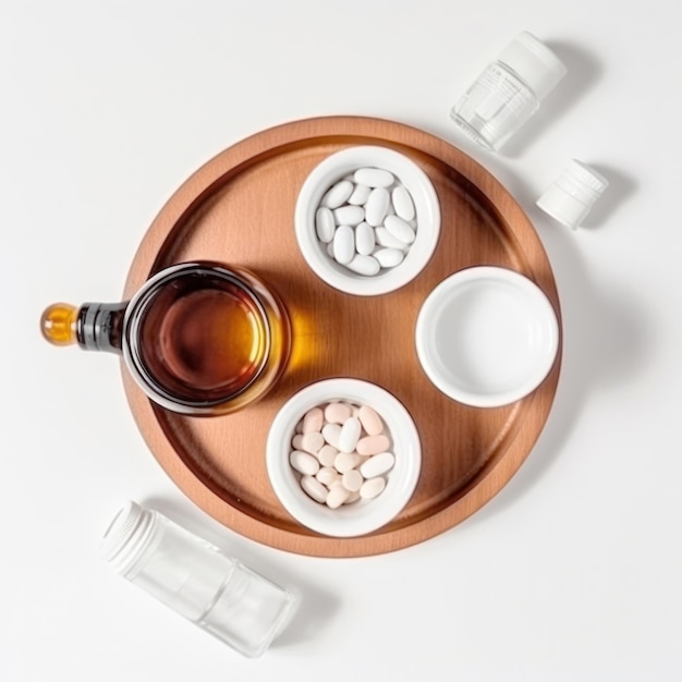 A wooden tray with a bottle of medicine and two small bowls of pills on it.