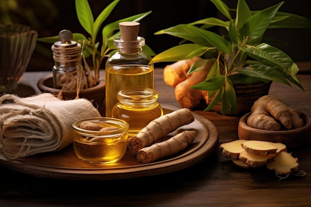 a wooden tray with bottles of olive oil and garlic on it.