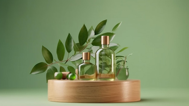 A wooden tray with bottles of perfumes and a green leaf on it.