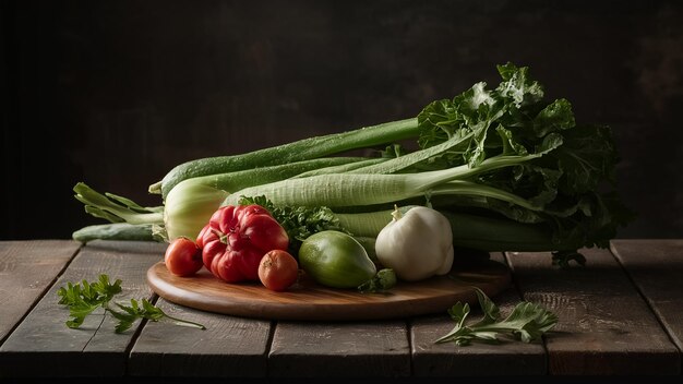 a wooden tray with a bunch of vegetables on it