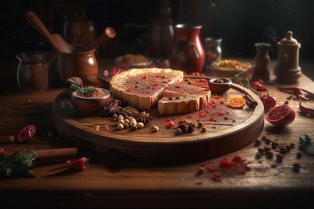 A wooden tray with a cake on it and a few other items on it