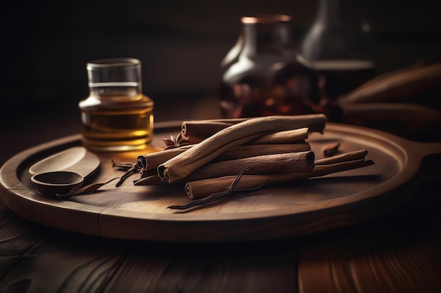 A wooden tray with cinnamon sticks and a glass of whiskey on it.