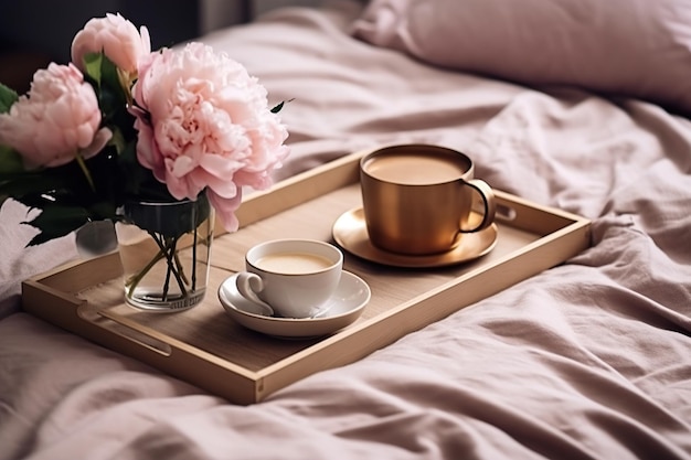 Wooden tray with cups of coffee and a bouquet of peonies on the bed in the bedroom Generative AI