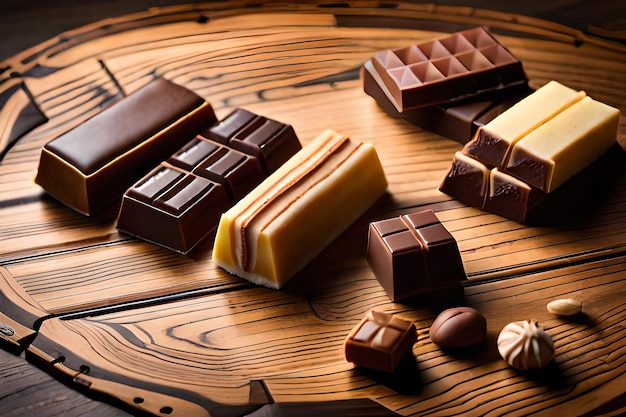 A wooden tray with different chocolates on it