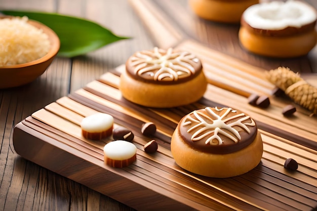 A wooden tray with different cookies on it and a coffee cup on the right.