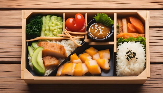 a wooden tray with different types of food including rice broccoli and sushi