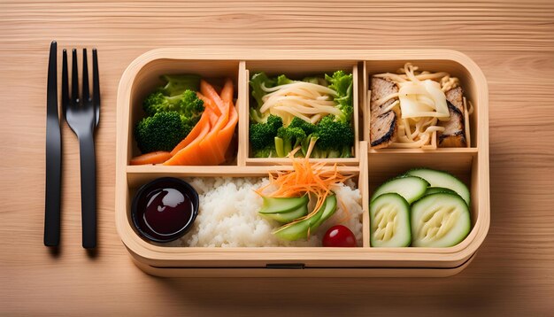 a wooden tray with different types of food in it