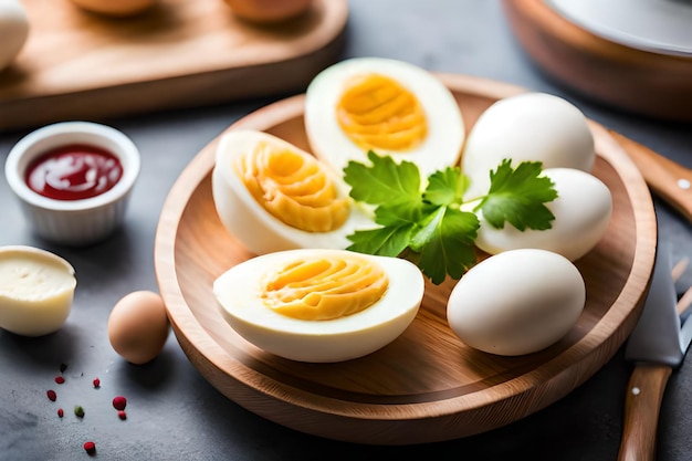 a wooden tray with eggs and a bunch of parsley on top.