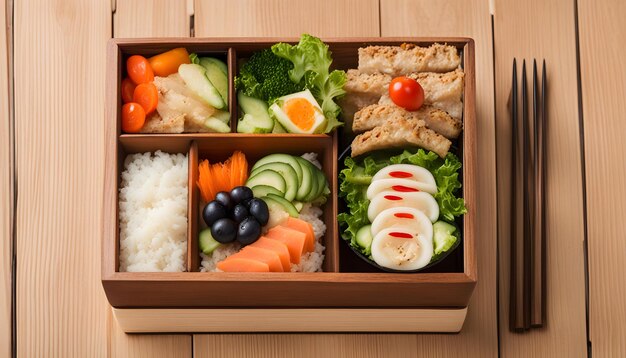 a wooden tray with food in it including rice vegetables and rice