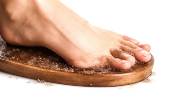 A wooden tray with a foot on it that has sand on it