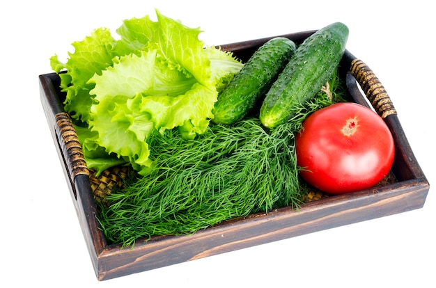 Wooden tray with fresh bio vegetables. 