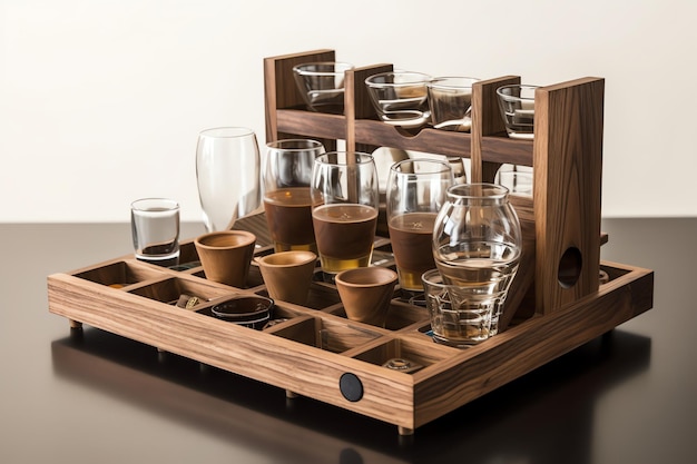 A wooden tray with glasses and cups on it.