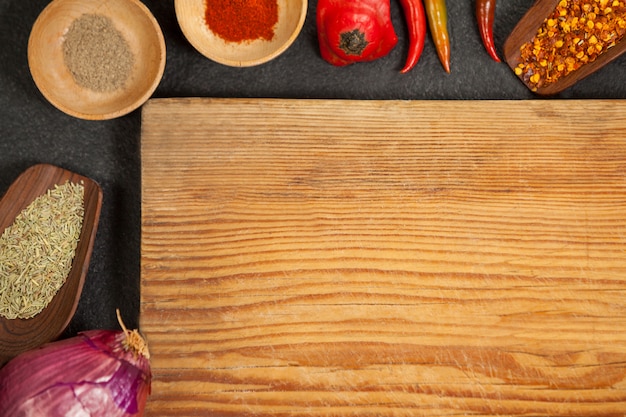 Wooden tray with ingredients background