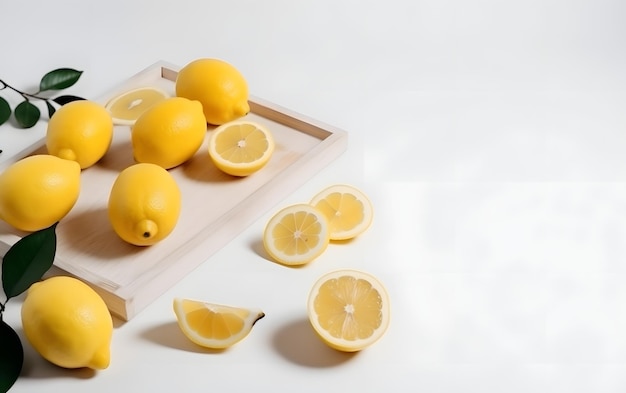 A wooden tray with lemons on it and a white background