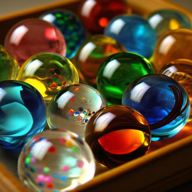 A wooden tray with many colored marbles in it