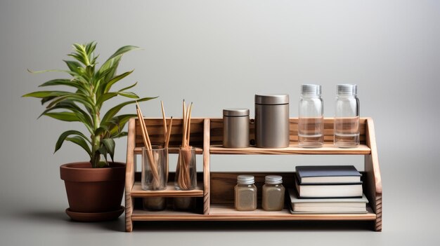 Wooden Tray With Potted Plant and Brushes