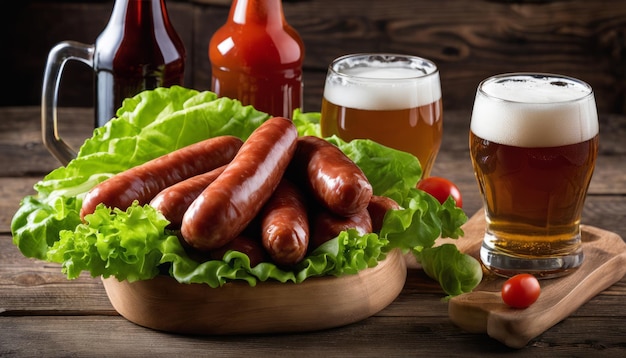 A wooden tray with sausages and a glass of beer