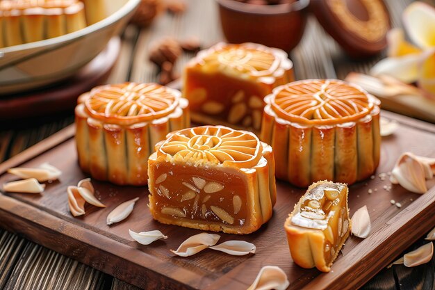 Photo a wooden tray with several desserts on it including a piece of candy