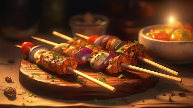 A wooden tray with skewers of meat and vegetables on it.