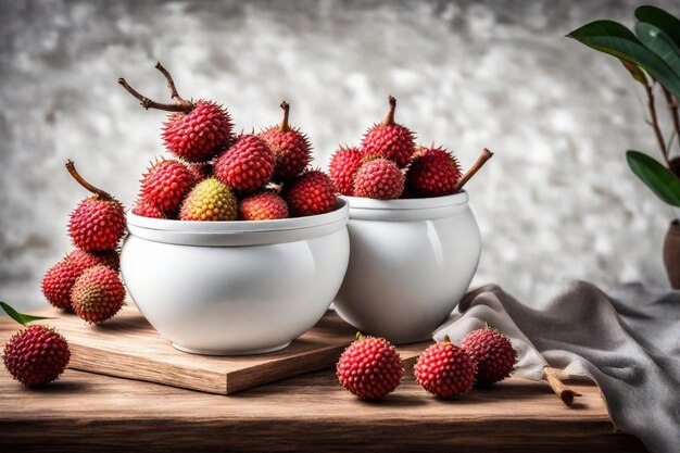 a wooden tray with some red raspberries in it