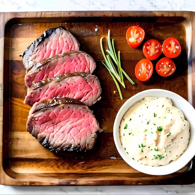 A wooden tray with steaks and a bowl of creamy potato dip.