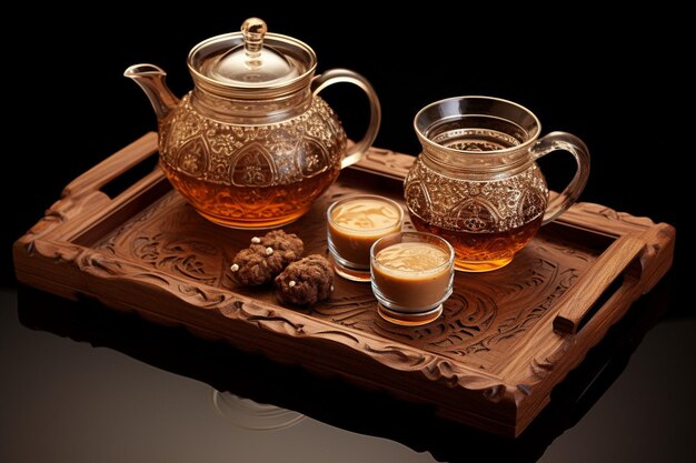 Photo wooden tray with tea