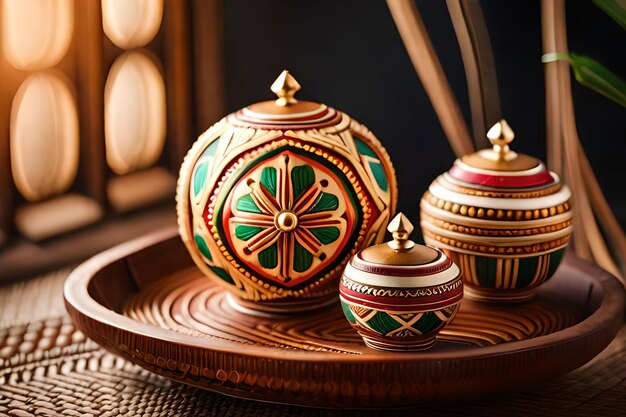 a wooden tray with three small bowls on it