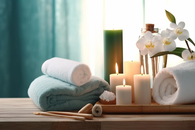 a wooden tray with towels and flowers on it and a towel on the table