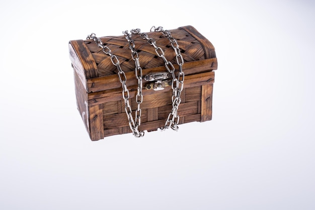 Wooden treasure box in chains