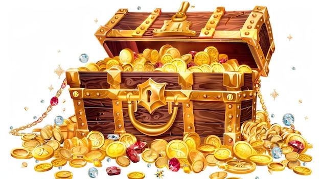 Photo a wooden treasure chest filled with gold coins and glittering gems the chest is open and the coins are spilling out onto the ground