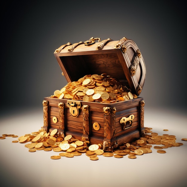 деревянный сундук с сокровищами, полный золотых монет в стиле кросспроцессинга vanitas, фотореалистичные детали