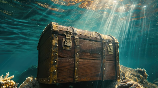 wooden treasure chest submerged underwater with light rays