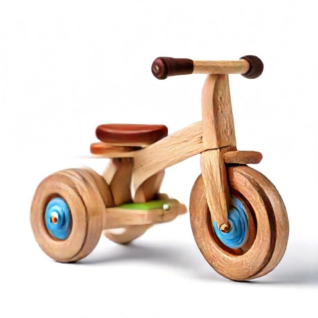 A wooden tricycle made by wood has blue wheels Premium AI generated image