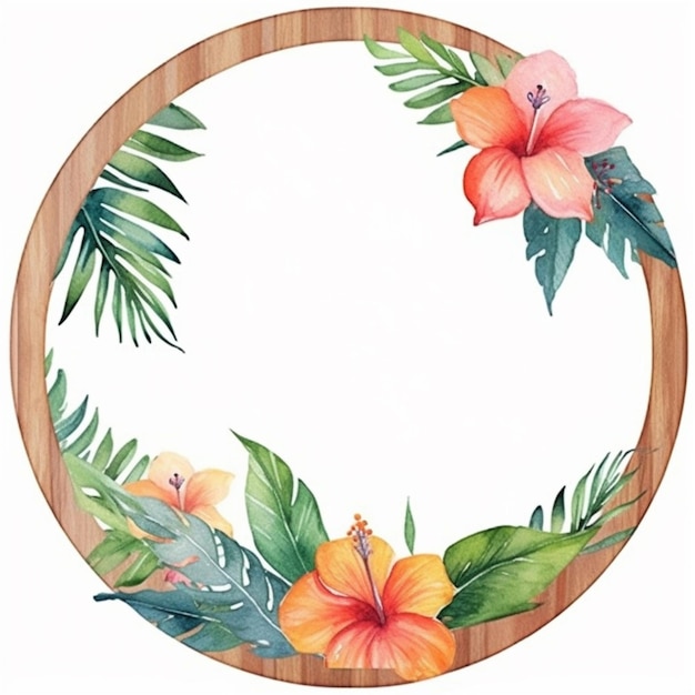 Wooden tropical leaves flowers circle frame white background AI Generated art