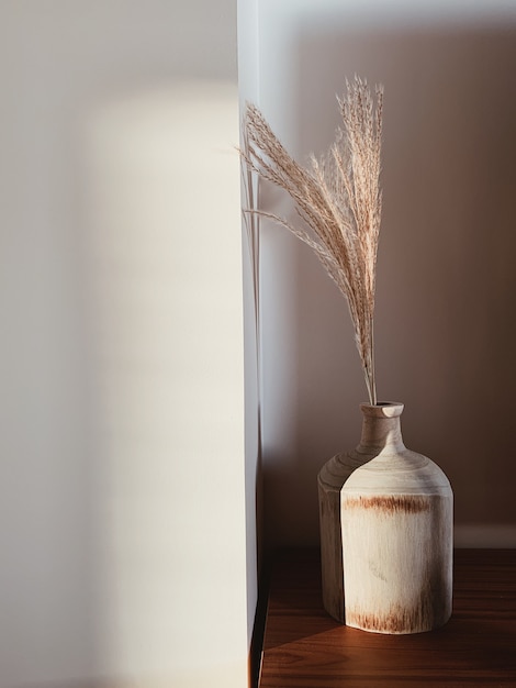 Wooden vase with pampas grass against white wall