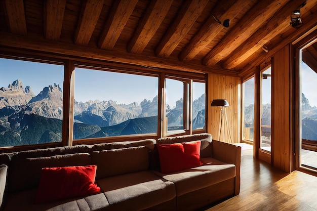 Wooden veranda with cream sofa with bright red pillows and overlooking mountain range