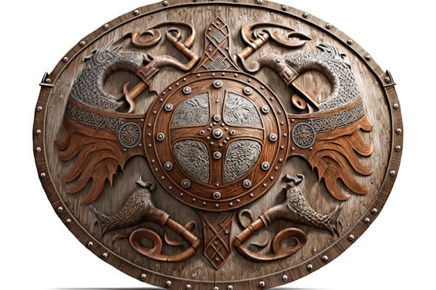 Wooden viking shield illustration white background Generative AI