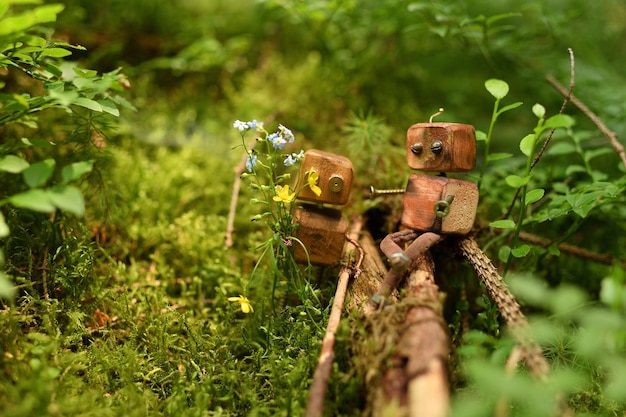 Wooden vintage handmade robot toy eco friendly toy forest background