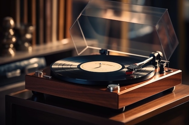 Wooden vintage headphones on black vinyl record player