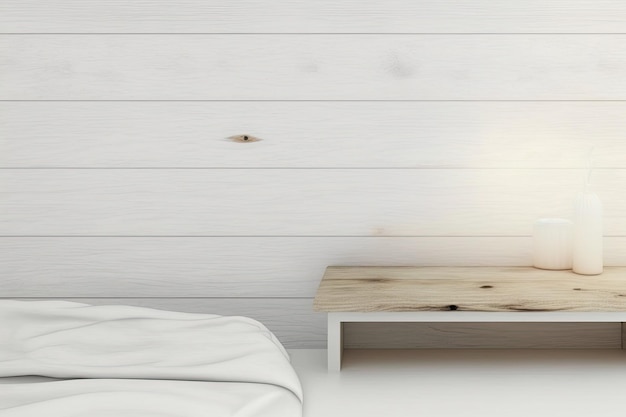 Photo wooden vintage tabletop or shelf closeup zen mood over country provencal minimalist bedroom