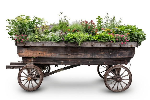 Photo wooden wagon filled with plants on a clear png or white background