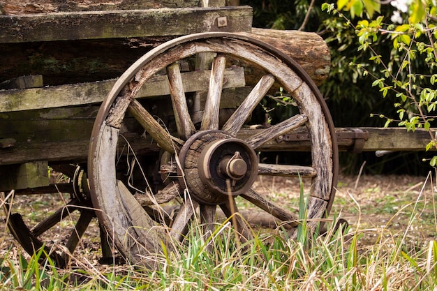 A wooden wagon wheel is in the grass.