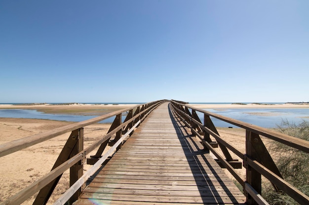 A wooden walkway on the beach of Isla Cristina Spain Widely used by vacationers on vacation