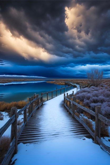 Wooden walkway next to a body of water under a cloudy sky generative ai