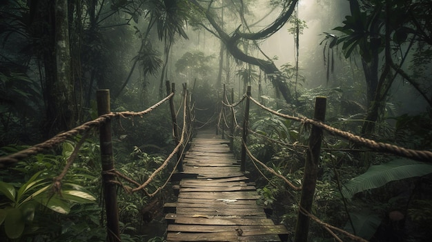 A wooden walkway in the forest with a rope bridge in the middle.