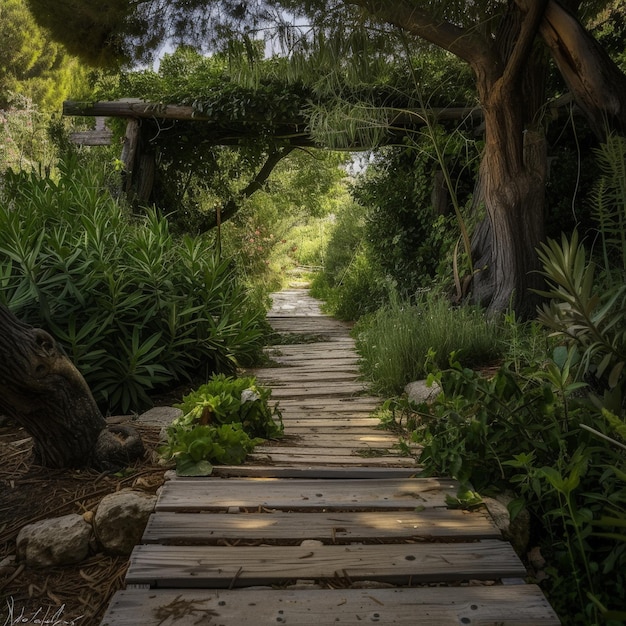 Foto una passerella di legno in un giardino