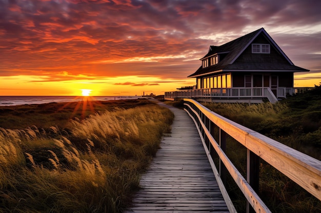 a wooden walkway leading to a house