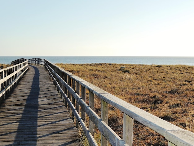 Foto passeggiata in legno che conduce verso il mare contro un cielo limpido