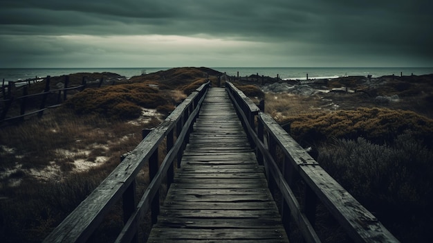 A wooden walkway leads to a beach and the ocean.